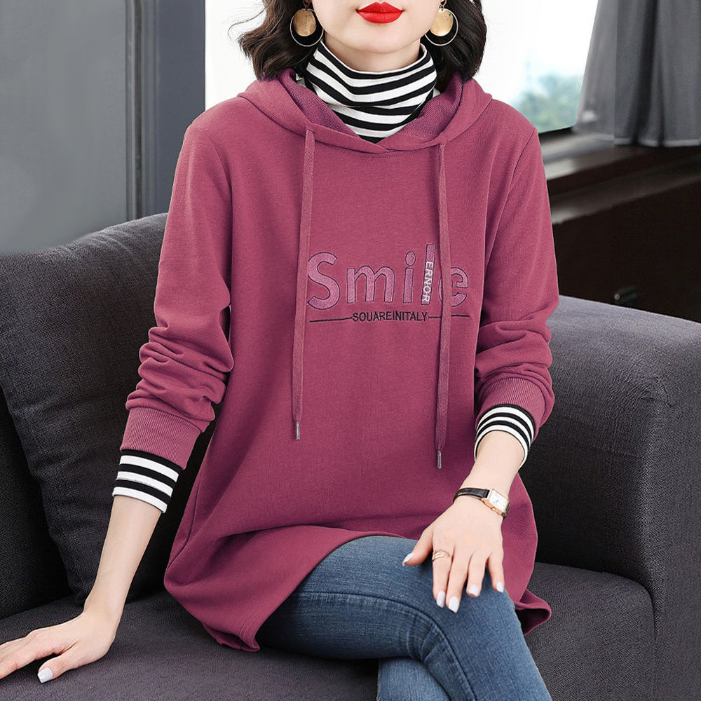 2023 spring and autumn new style hooded belly-covering slimming hooded women's large size long-sleeved fake two-piece striped mid-length sweatshirt