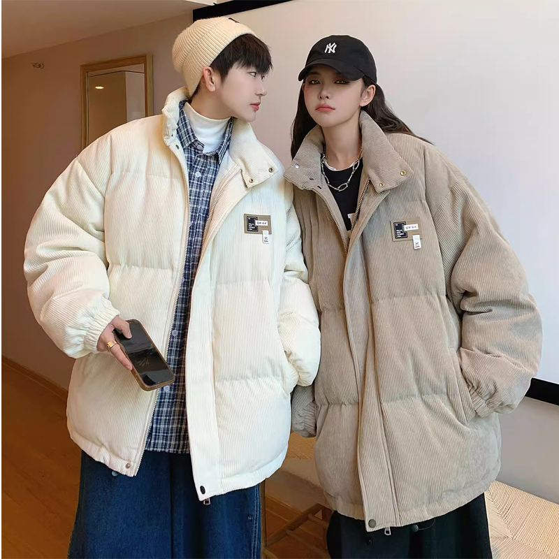 Real shot of corduroy stand-up collar couple wear 2023 winter new cotton coat Hong Kong style loose thickened student cotton coat jacket for women