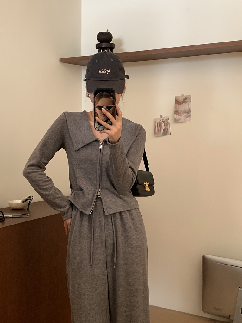 B加套裝女秋款簡約通勤翻領拉鏈針織開衫+休閒褲兩件套23-1027-2