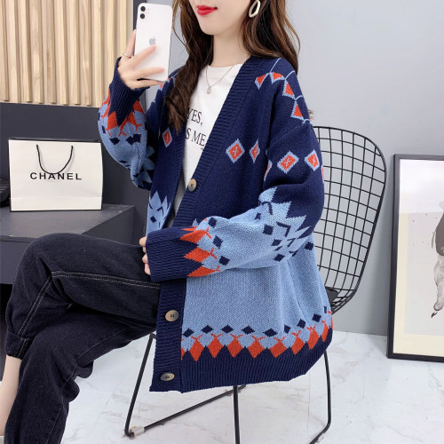Real shot of sweater jacket for women spring 2023 new style lazy style retro jacquard knitted cardigan loose outer top