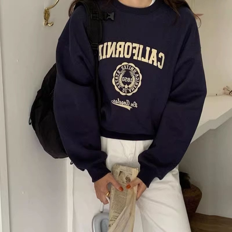 純棉複合 小個子短款衛衣女秋冬裝寬鬆慵懶風長袖圓領上衣