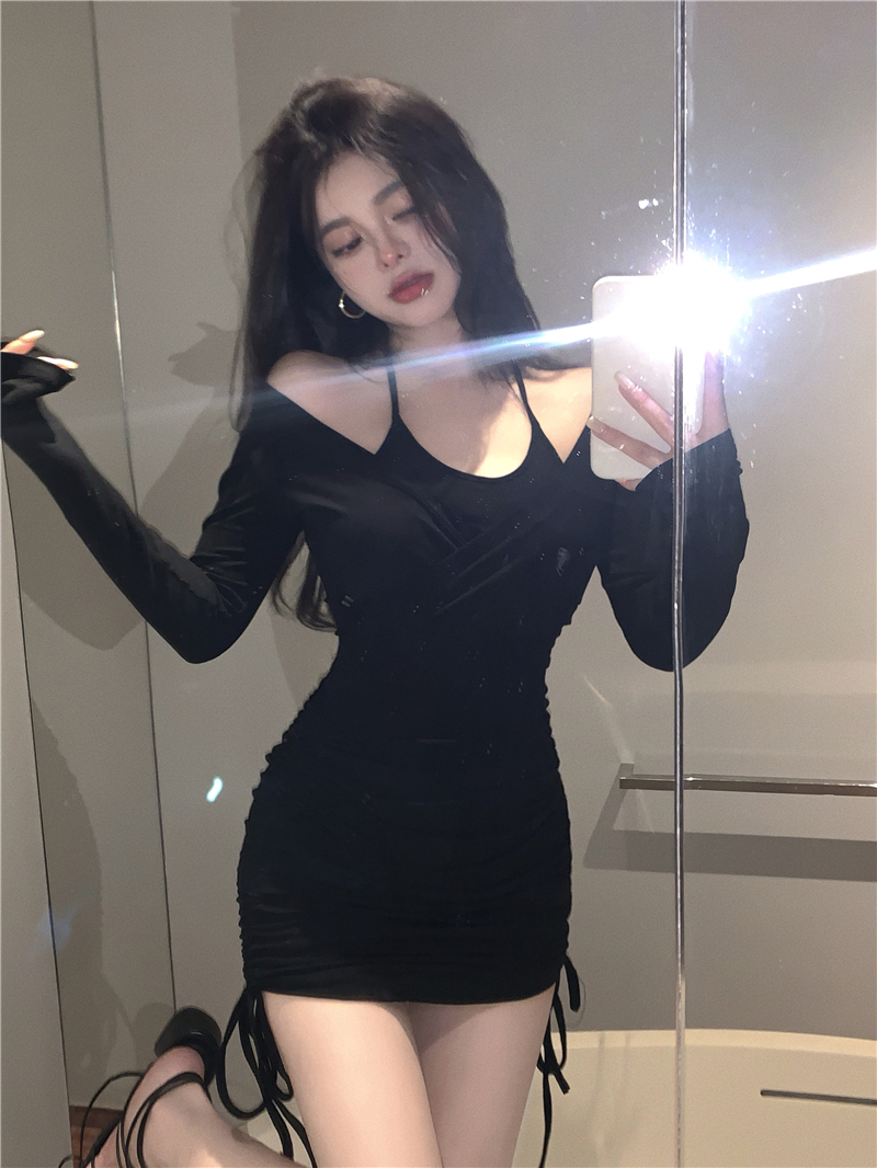 Pure Desire Hot Girl Sexy Little Black Dress Women's Halter Neck Waist Slimming Small Gentle Wind Dress Long Sleeves