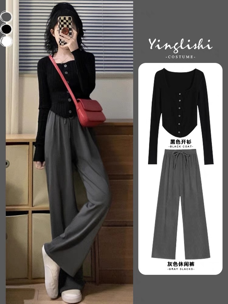 Autumn women's tea-style outfits, a complete set of Korean drama Korean drama high-end French platycodon two-piece suit