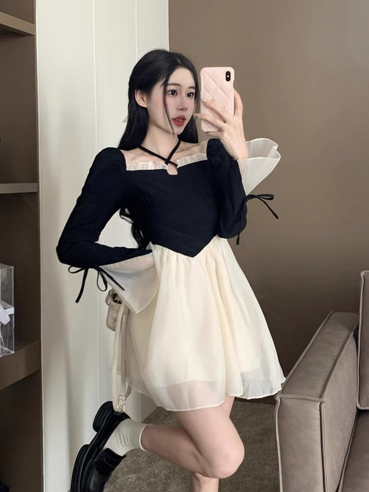 網紗長袖連衣裙女秋季新款法式高級感氣質收腰顯瘦小個子仙女短裙