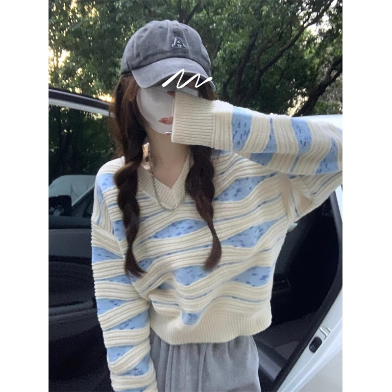 圓領套頭立體條紋毛衣女秋冬2023新款學院風軟糯長袖上衣針織衫潮