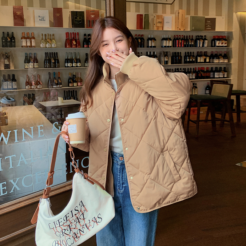 實拍新款菱形格羽絨服女寬鬆學生小眾設計感ins夾克假兩件棉服