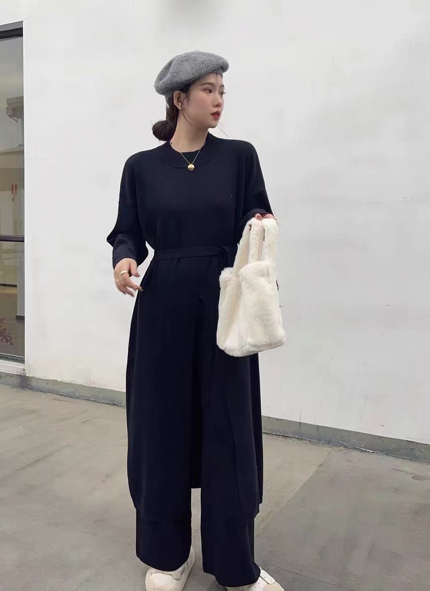2023 spring new high-end solid color loose long top with slits and temperament wide-leg pants and belt two-piece set for women