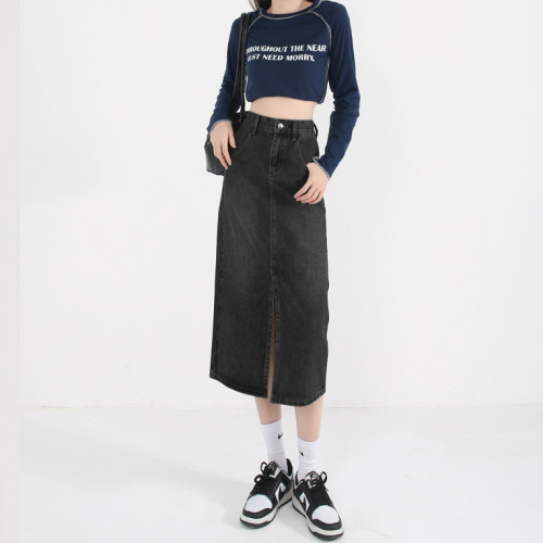 Retro high-waist slit denim skirt for women  autumn new slimming A-line mid-length hip-hugging skirt