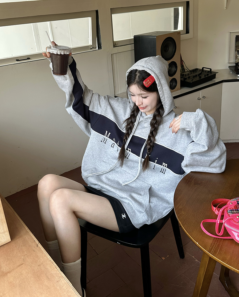 實拍 美式高街慵懶chic黑灰拼接撞色衛衣女連帽長袖外套