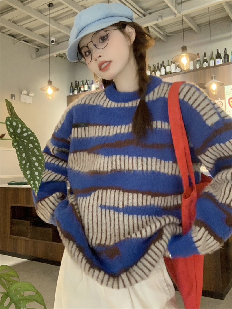 實拍美式復古秋冬加厚慵懶風針織衫撞色條紋寬鬆百搭毛衣外套