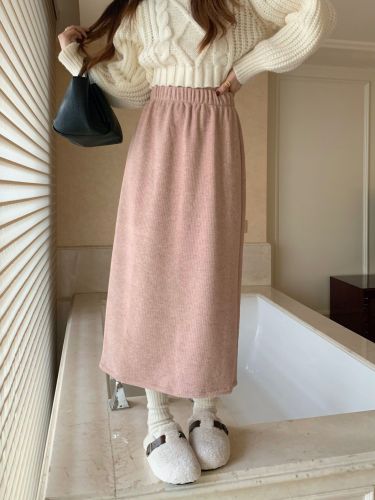 Real shot ~ Velvet thickened mid-length A-line skirt autumn and winter knitted skirt loose slit warm long skirt