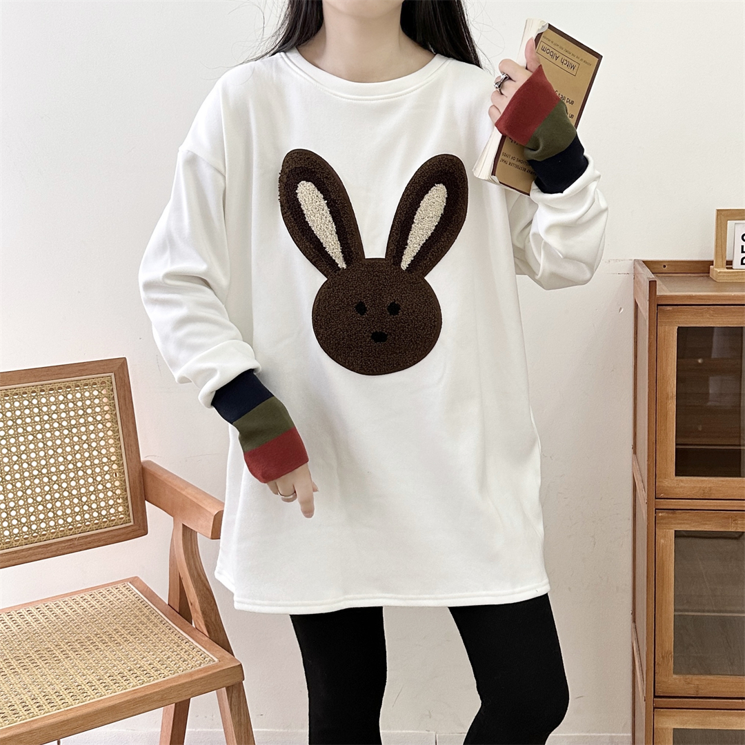 Real shot plus velvet plus size women's clothing 2023 autumn and winter new casual versatile T-shirt warm and fashionable personality mid-length T