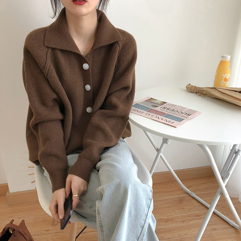 2023年新款韓版慵懶風polo領復古毛衣開衫加厚翻領針織外套女秋冬