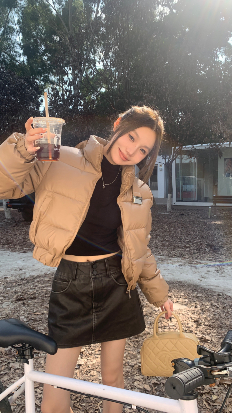 實拍韓系短款pu皮短款麵包棉服外套