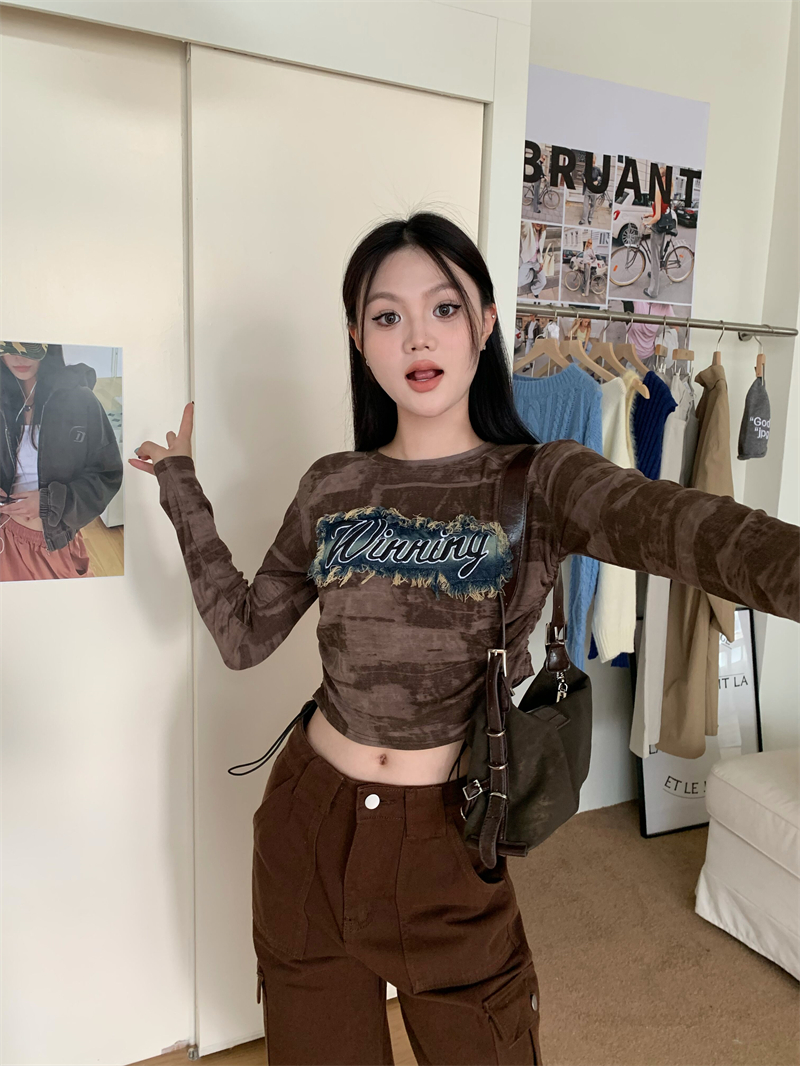 實拍~ 美式辣妹扎染修身下擺抽繩百搭T恤女