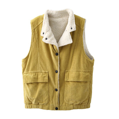 Lined velvet vest for women, thickened, loose, artistic, retro, casual lambswool stand-up collar vest for women