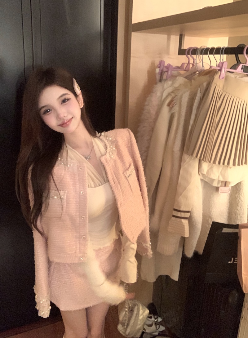 實拍 少女粉甜美氣質小香風開衫外套+高腰包臀裙+掛脖打底衫