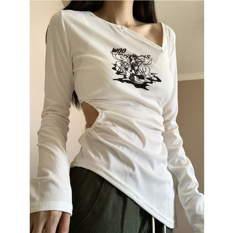 純欲鏤空辣妹白色正肩長袖t恤女春秋新款修身顯瘦設計感氣質上衣