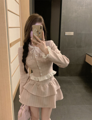 Real shot of age-reducing American college style pink waist slimming, sweet and cute JK uniform suit