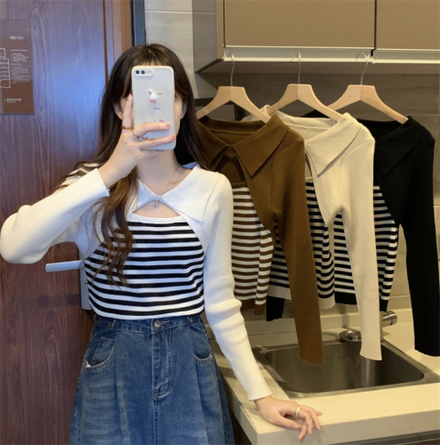 2023 Autumn and Winter New Contrast Color Polo Collar Striped Sweater Women's Korean Style Hollow Design Niche Bottoming Top