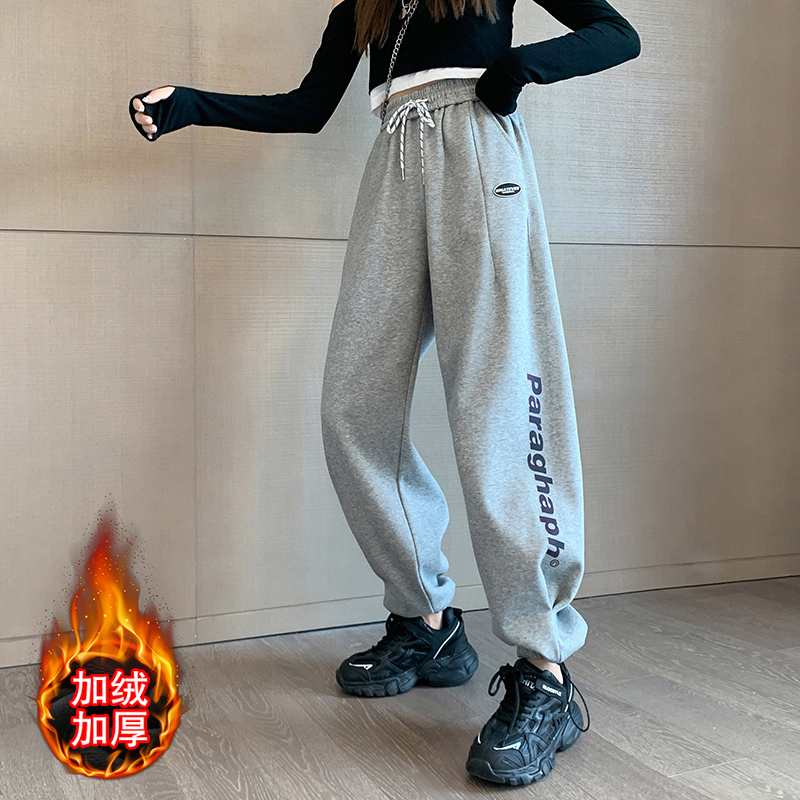實拍 冬季韓版寬鬆高腰寬鬆闊腿褲拖地褲休閒加絨運動褲女