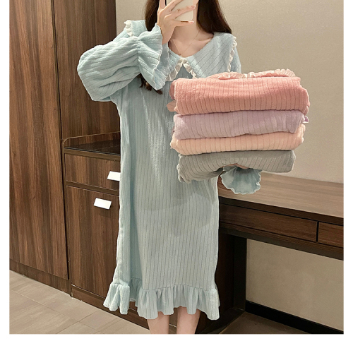 Real shot of plus size women's autumn and winter women's pajamas coral velvet candy color doll collar home wear pullover dress