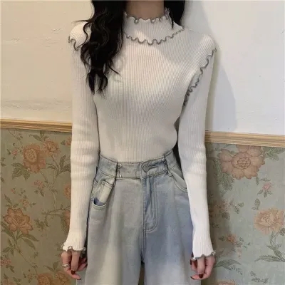 Sweet fungus-edged knitted long-sleeved women's autumn and winter mid-collar bottoming shirt coat with designer niche sweater
