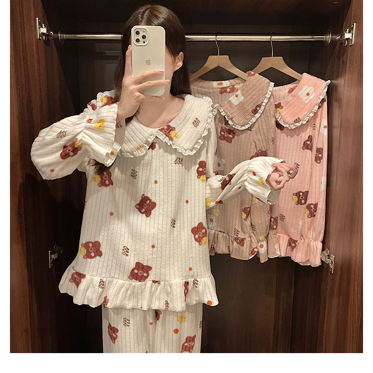 Autumn and winter doll collar bear coral velvet sweet warm home wear pajama set two-piece set