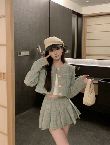 Real shot of small fragrance suit French retro tweed jacket high waist pleated skirt half skirt two-piece set for women