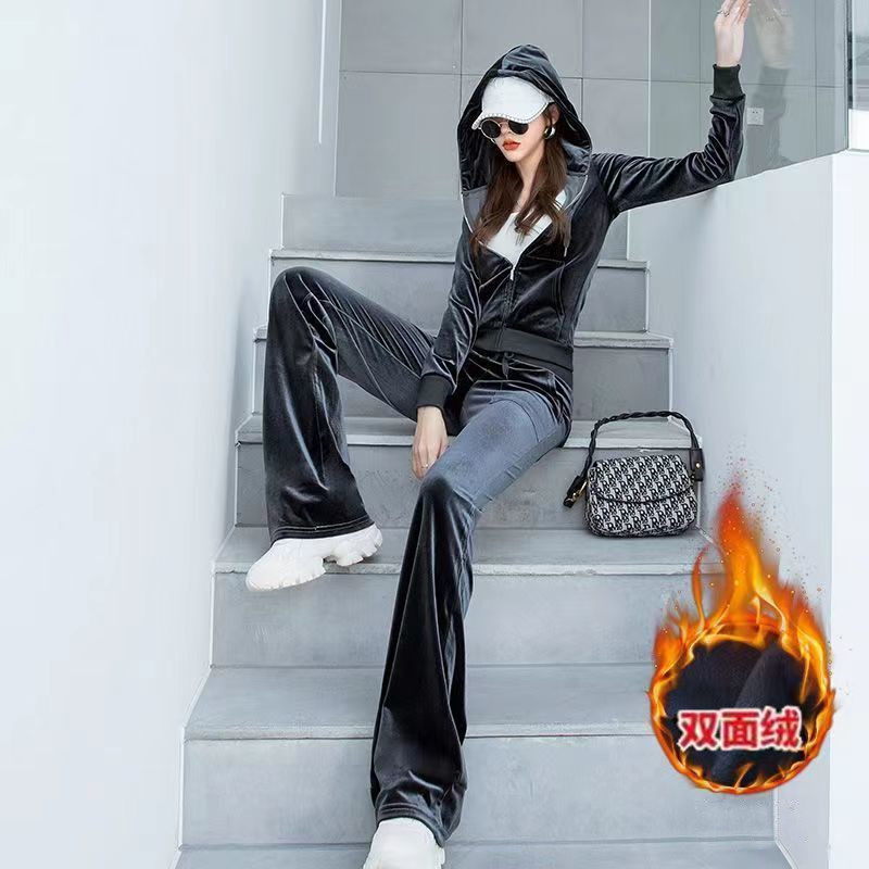 Plus velvet thickened gold velvet sports suit women's autumn and winter new fashion casual wear sweatshirt two-piece set