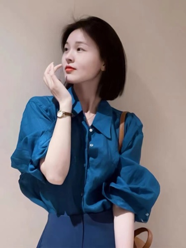 Hong Kong style retro blue shirt for women early autumn  new casual French design niche long-sleeved top early autumn