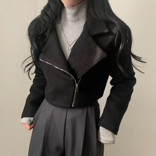 Korean style autumn and winter new woolen suit jacket retro versatile motorcycle style short zipper jacket top