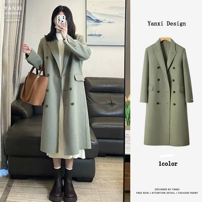 Original Matcha Green Woolen Coat for Women Autumn and Winter French Hepburn Style Small Loose Korean Coat