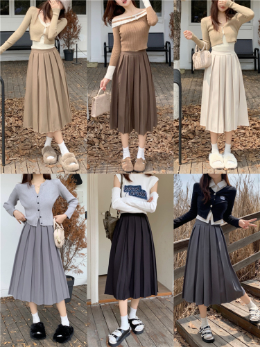 Real shot of autumn and winter pleated skirt mid-length elastic back high waist slimming A-line skirt