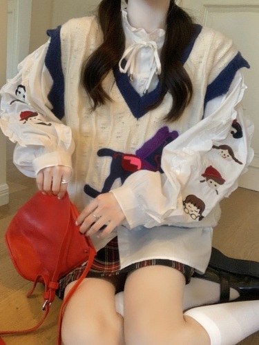 实拍  韩系减龄撞色小马刺绣针织马甲背心女＋泡泡袖长袖衬衫