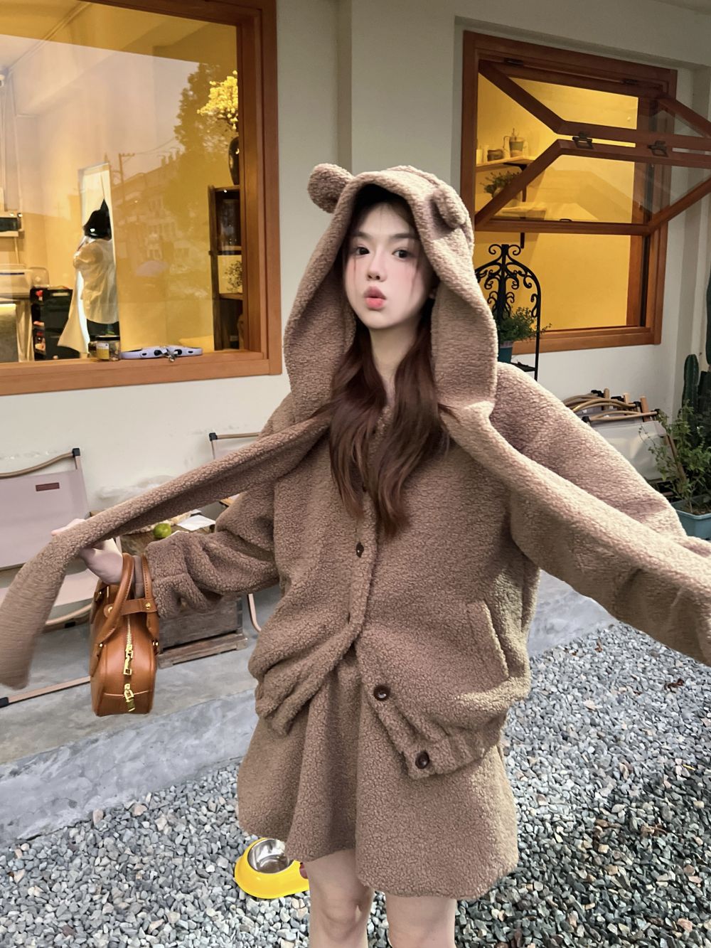 Actual shot of triple standard lambswool thickened coat high waist flower bud short skirt suit for women