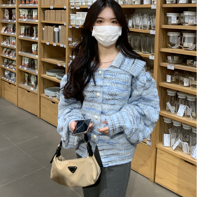 實拍！撞色大翻領單排扣加厚軟糯毛衣減齡開衫外套女