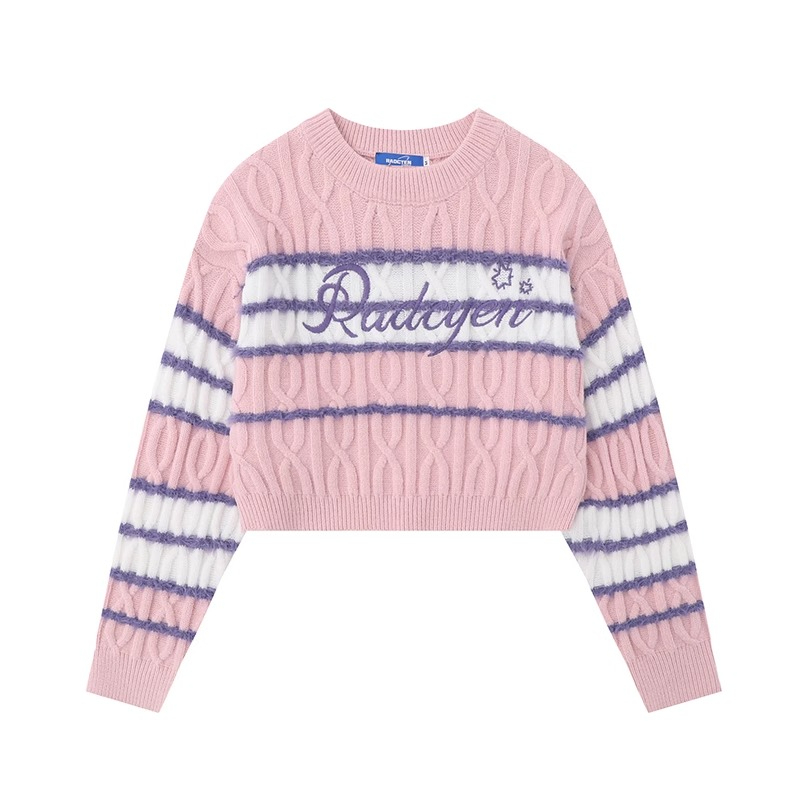 綿羊絨#甜辣妹字母刺繡拼色條紋麻花毛衣女顯瘦慵懶風軟糯短款
