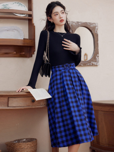 French Romantic British Girl Retro British Plaid Contrast Color Puff Skirt Midi-Long Skirt Two-piece Set