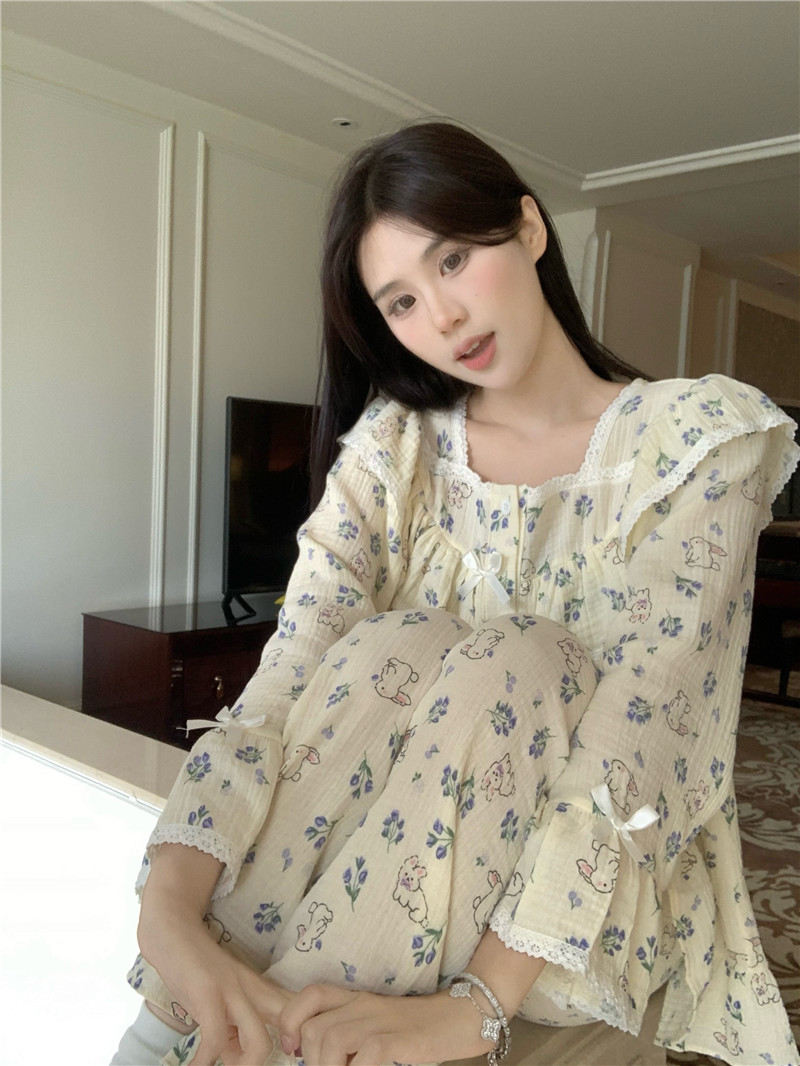 實拍韓版甜美蕾絲軟棉雙紗可愛宮廷風花園兔外家居服套裝睡裙