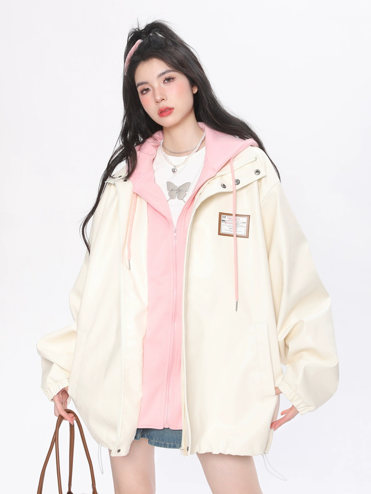 Autumn and winter national fashion fake two-piece jacket for women new loose Korean style design stitching versatile fashion hooded jacket for women