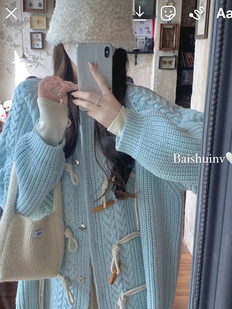 White Water Mermaid Princess~Milk Blue Cardigan Horn Button Sweater Fall and Winter Outerwear Lazy Style Round Neck Jacket