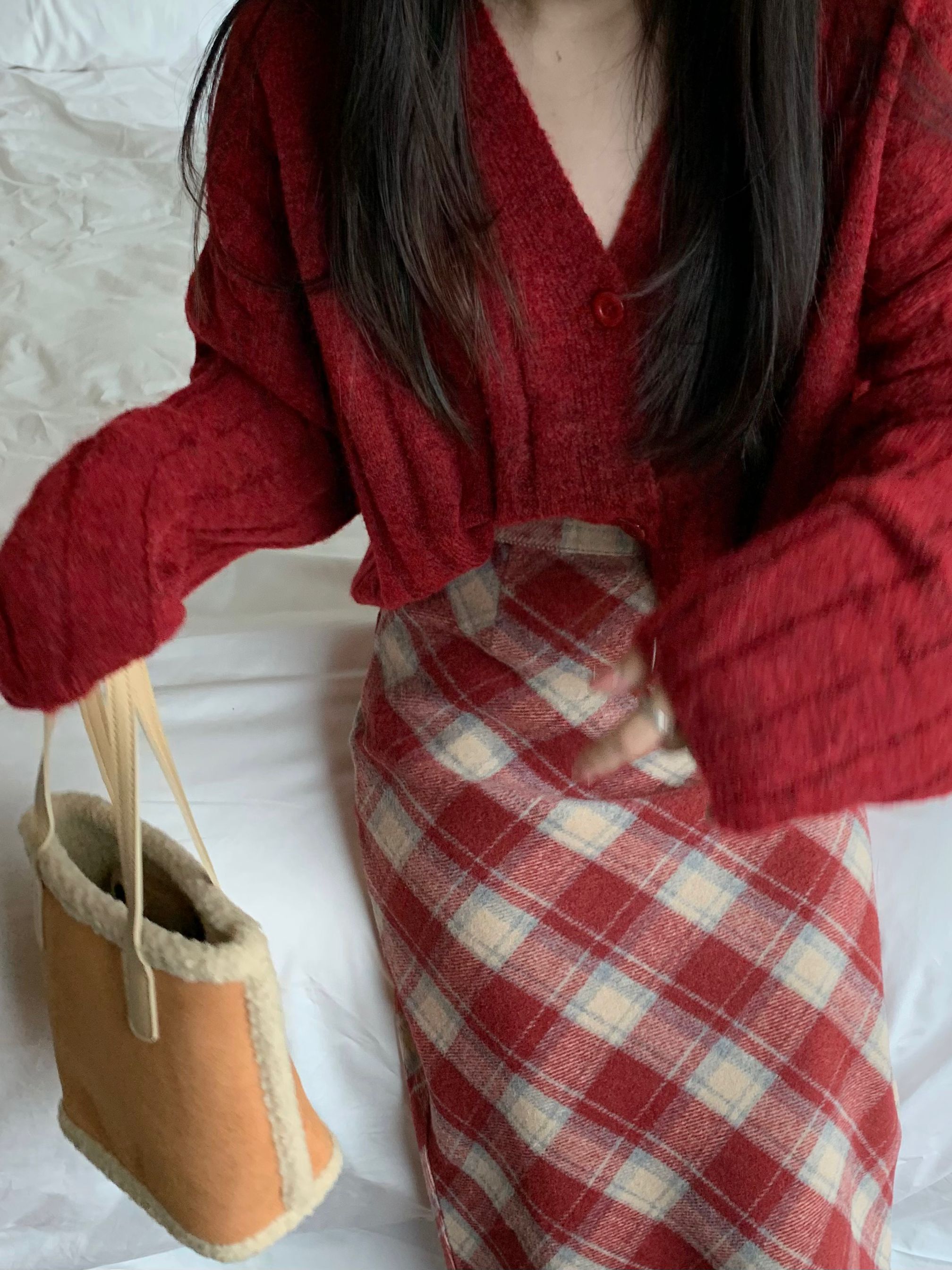 Real shot ~ Retro red v-neck woolen short knitted cardigan + plaid mid-length A-line skirt