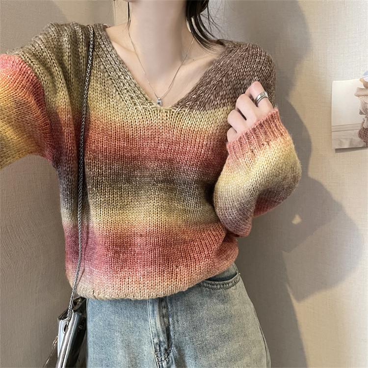 實拍復古套頭V領漸變慵懶風秋冬女裝寬鬆長袖針織衫毛衣