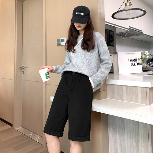 Real shot of woolen shorts for women 2023 autumn and winter five-point high-waisted straight-leg slimming wide-leg mid-pants for outer wear with leggings and boots