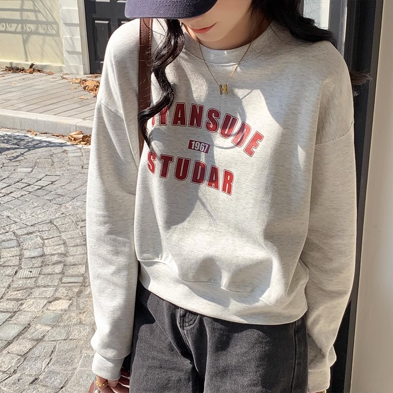 純棉複合 小個子短款衛衣女秋冬裝寬鬆慵懶風長袖圓領上衣