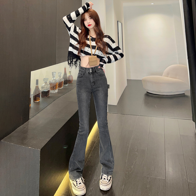 美式牛仔褲女高腰2023秋冬新款雙扣潮胖MM顯瘦微喇叭寬鬆拖地長褲
