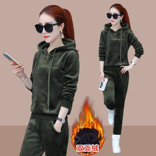 Thickened velvet gold velvet casual sports suit for women autumn and winter new loose hooded sweatshirt two-piece set