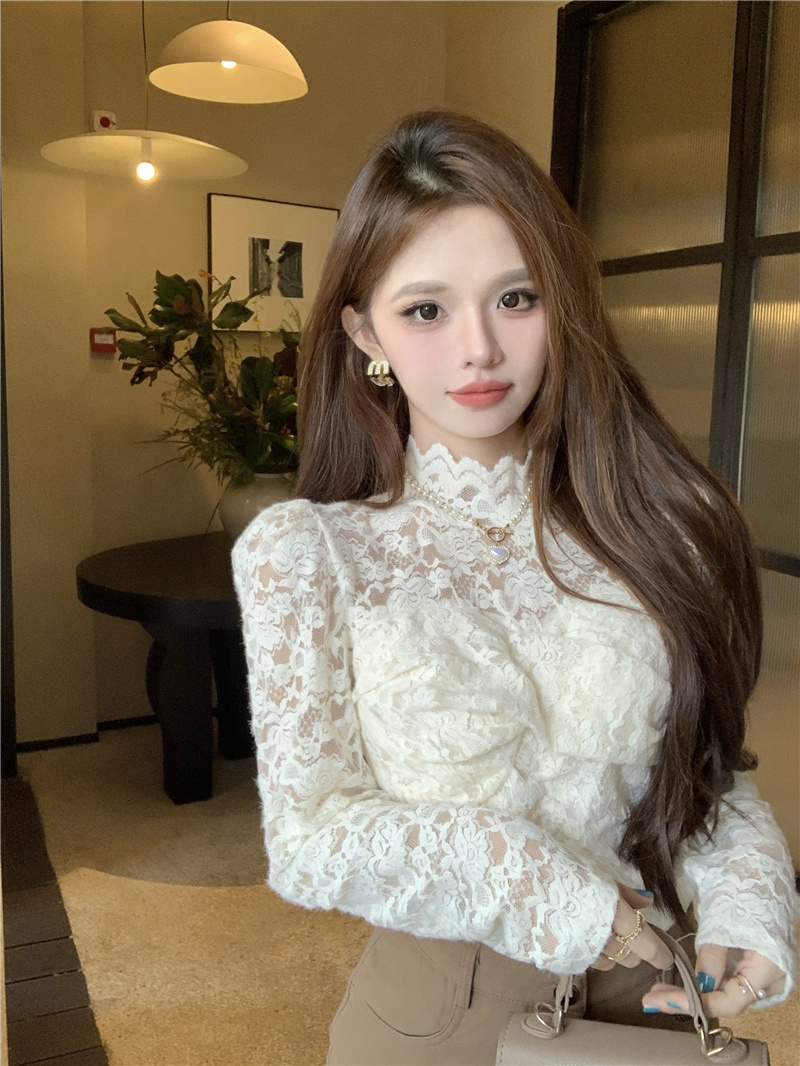 實拍~2023年冬季新款氣質收腰設計感小個子立領蕾絲打底小衫