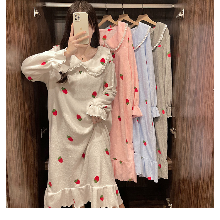 大碼女裝珊瑚絨長款睡衣秋冬長袖甜美家居服睡裙女